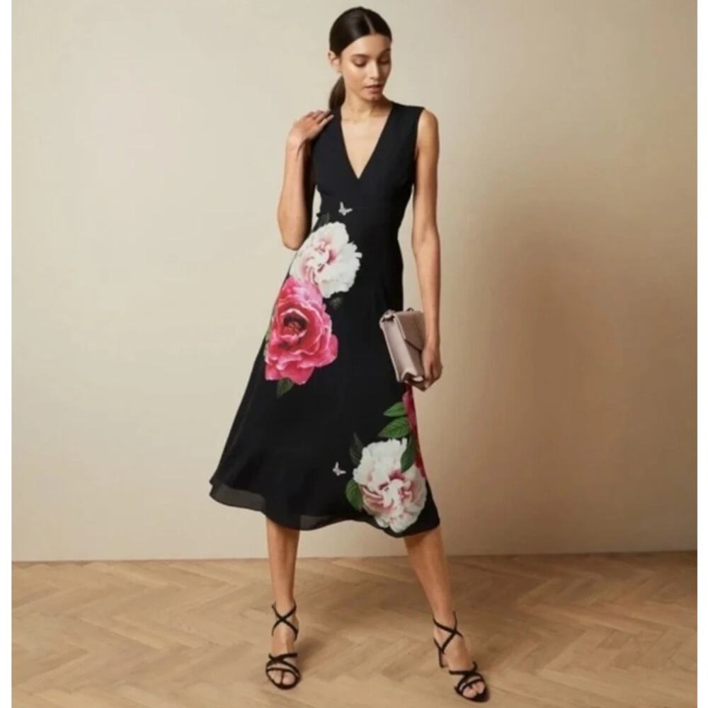8/10 Ted Baker Ulna Magnificent Midi Dress Black Floral Chiffon Elegant Romantic